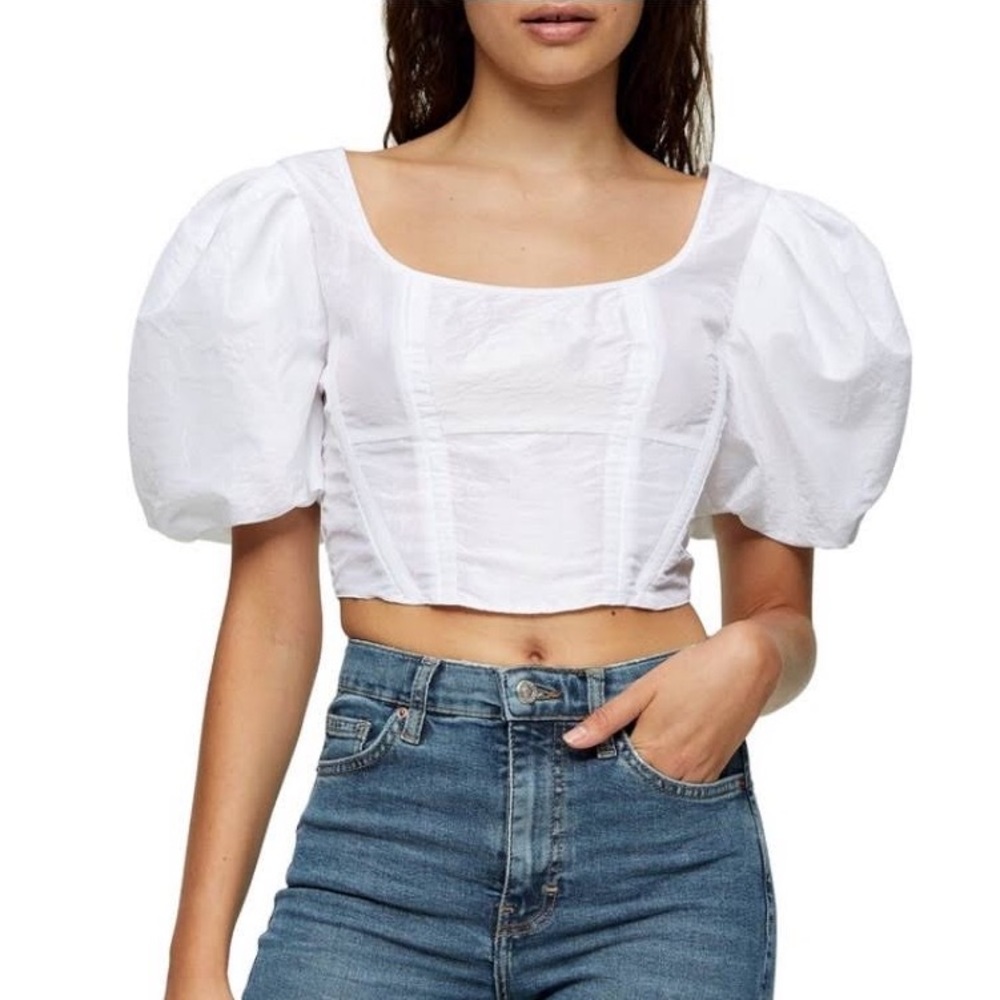Topshop White Cropped Corset Puff Sleeve Top with Silver Zipper NWOT